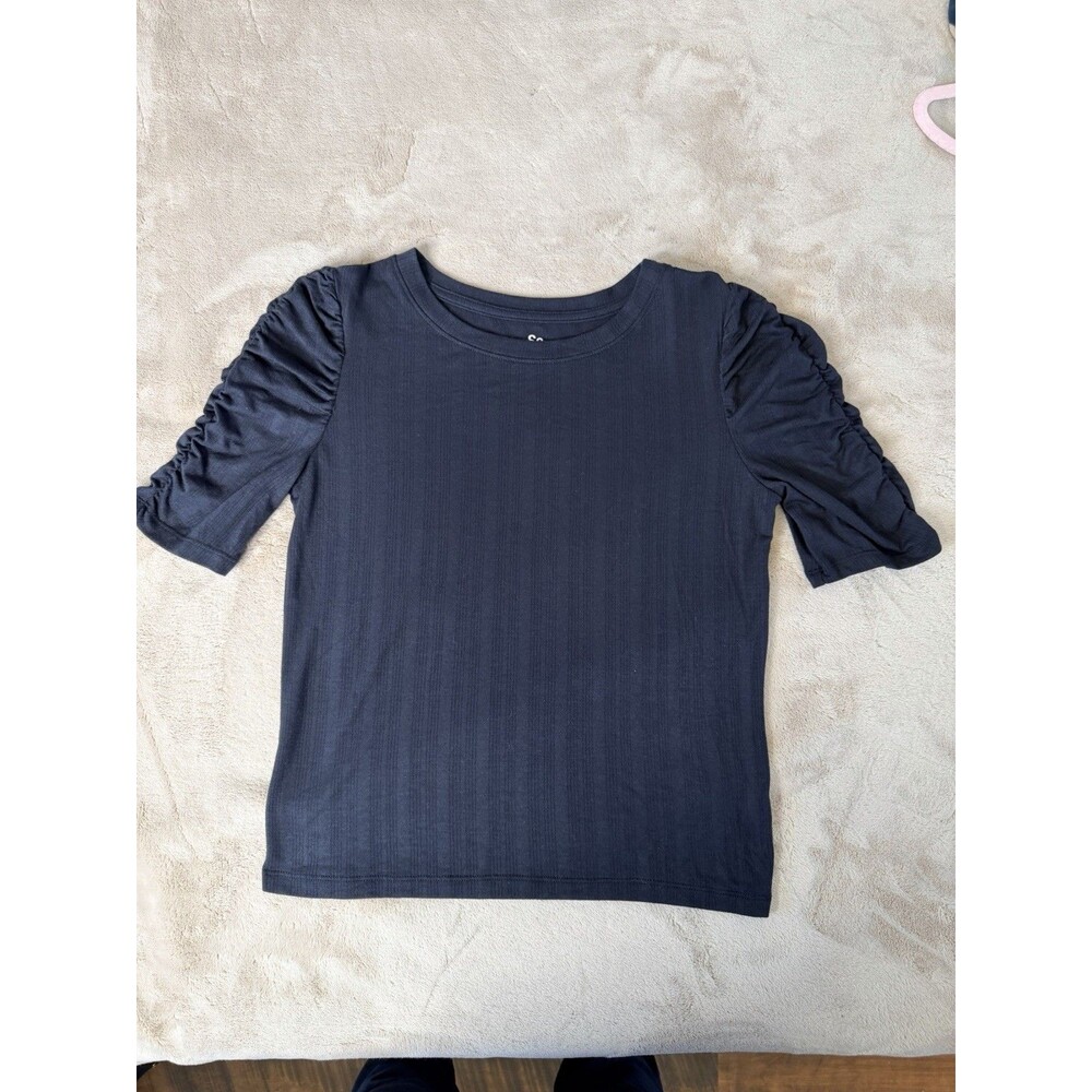 SO Women’s Black Ribbed Stretch Puff Sleeve Top Size M